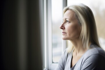 A woman with long blonde hair is looking out the window