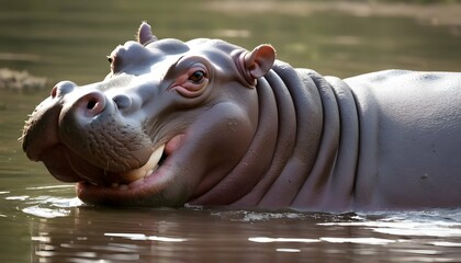 A-Hippopotamus-With-Its-Mouth-Closed-Appearing-Tr- 2 - obrazy, fototapety, plakaty