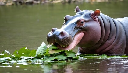 A-Hippopotamus-With-Its-Mouth-Full-Of-Leaves-Munc-