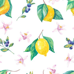 Watercolor seamless pattern with lemons, flowers and blueberries, berries. Floral spring pattern. Italian pattern