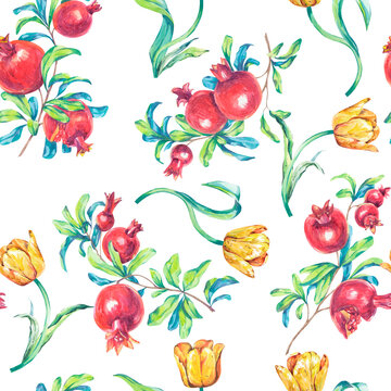 Watercolor seamless pattern with pomegranate fruits, yellow tulip flowers. Floral spring pattern. Italian pattern