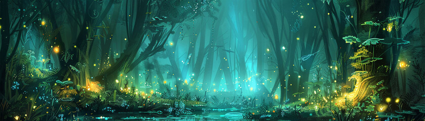 Fototapeta premium Timeless Voyage into the heart of a Bioluminescent Forest where the passage of time is marked by the pulsing glow of natures own lanterns