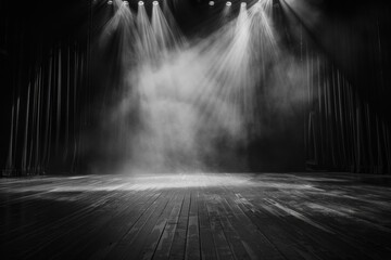 an empty stage bathed in atmospheric light, creating a mesmerizing bokeh effect, perfect for creative projects - obrazy, fototapety, plakaty