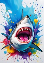 smiley face shark with expression with a vibrant color splash in the style of oil painting 