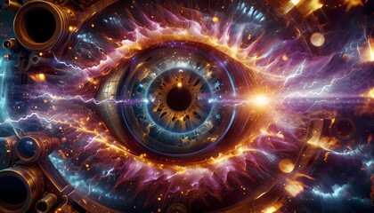 Generative AI.  a close up of an eye. The eye has a lot of detail,  is surrounded by a lot of gears and. The gears and cogs are made of a gold color metal.
