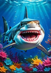 smiley face shark with expression with a vibrant color splash in the style of oil painting 