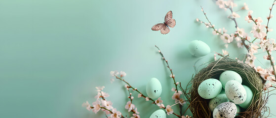 Easter Frame Concept. A nest with speckled green eggs, complemented by willow catkins, arranged on a light green background with ample space for text. - obrazy, fototapety, plakaty