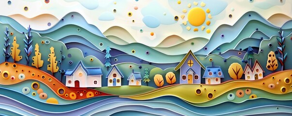 A lovely village and scenery in the North created with colored paper art