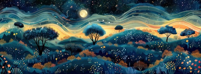 a scene influenced by Art Nouveau that features wavy hills, curving trees, and a starry sky mixed with floral and animal themes - obrazy, fototapety, plakaty