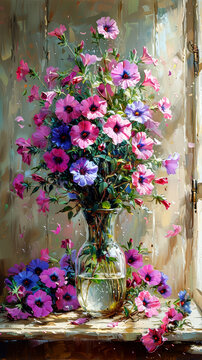 Bouquet of flowers in a vase on the windowsill. Oil painting.