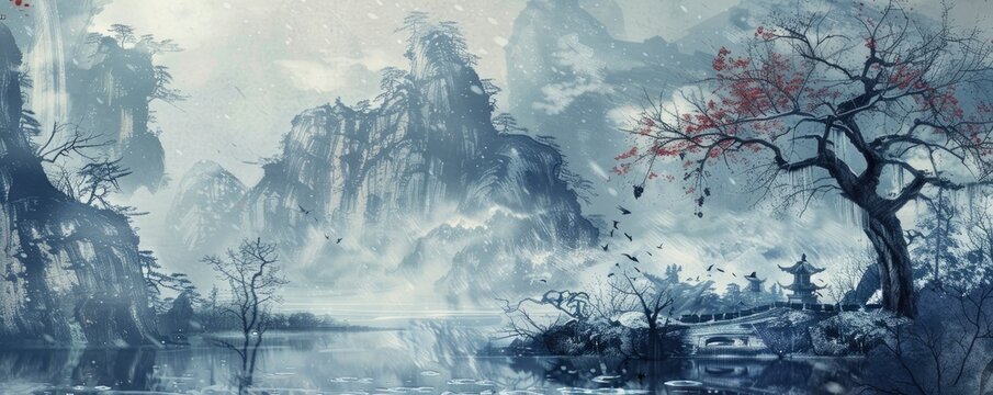 Chinese traditional landscape paintings with hills, trees, river and architecture