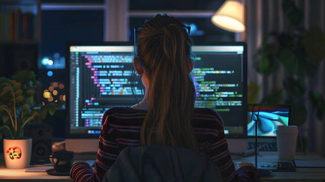 Cartoon: Young student woman sitting in front of her MacBook studying a html page in visual studio code. photo from behind
