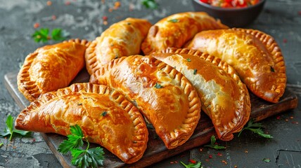 different dishes of empanadas. dinner of fried baked pastries. - obrazy, fototapety, plakaty