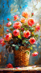 Bouquet of pink roses in a basket on a wooden table. Oil painting.