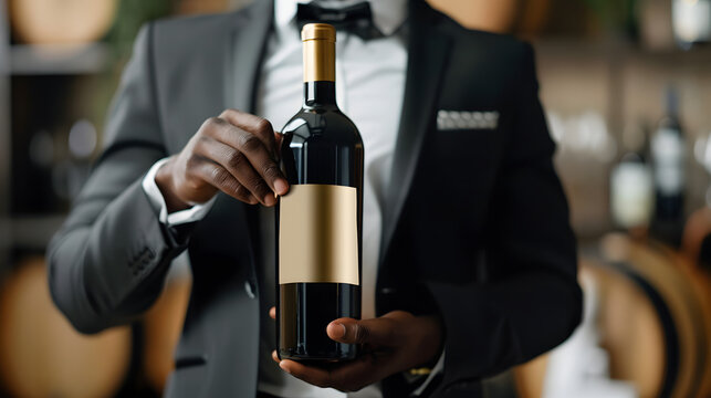 close up of hands holding wine bottle with blank gold foil label