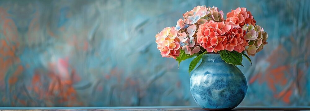 flowers in a blue vase on a table.