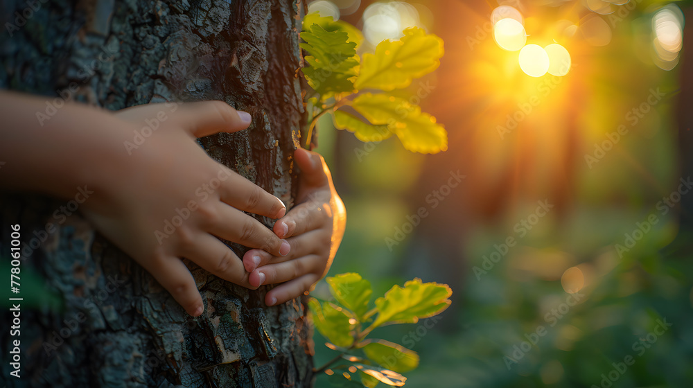 Poster closeup of hands hugging a tree trunk in a green forest