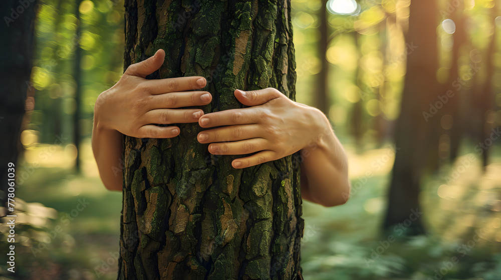 Poster closeup of hands hugging a tree trunk in a green forest