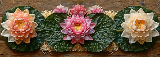 the craft of arranging rice grains to resemble leaves and petals on a lotus. - obrazy, fototapety, plakaty