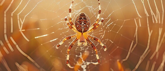 a close-up macro photo demonstrating the intricate patterns seen in nature, showing a spider spinning its web early in the morning. - obrazy, fototapety, plakaty