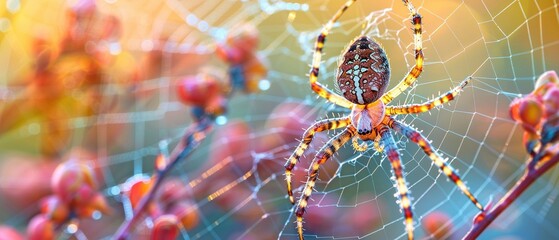 a close-up macro photo demonstrating the intricate patterns seen in nature, showing a spider spinning its web early in the morning. - obrazy, fototapety, plakaty