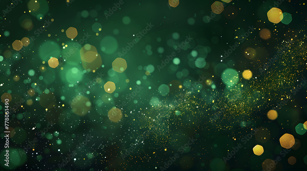 Poster dark green and gold abstract background with bokeh lights and sparkles