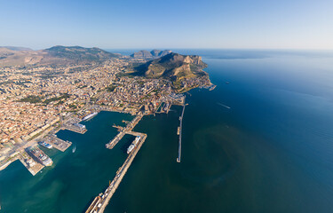 Palermo, Sicily, Italy. City port with ships and cruise ships. Sunny summer day. Aerial view