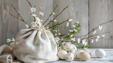 Easter bunny white linen bag with eggs and willow branches