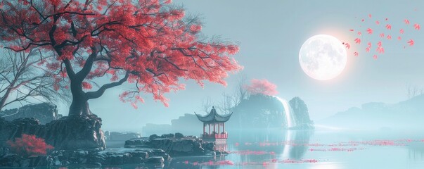 Chinese landscape design with peach tree, island, moon, flowing water, and winding pavilion