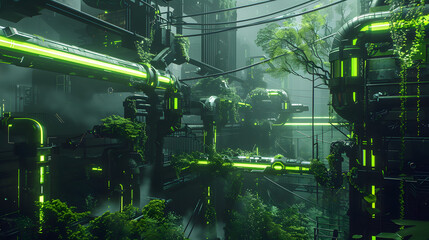 hightech cyberpunk landscape with green neon pipes and cables running through it