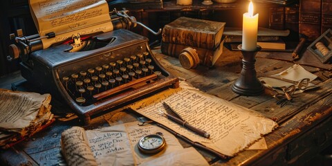 a typewriter on a writer's desk with a red-black ink ribbon, new paper and documents - obrazy, fototapety, plakaty