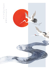 Japanese background with crane birds or herons element vector. Hand drawn wavewith red sun decorations in vintage style. Watercolor painting with art abstract banner design.