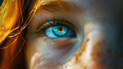 the girl's eye is blue in color - obrazy, fototapety, plakaty