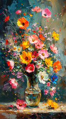 Bouquet of poppies in a vase. Oil painting