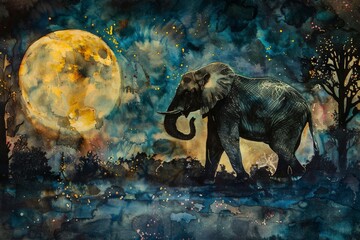 Watercolor painting of an elephant walking in the forest on a full moon night. Use for wallpaper, posters, cards, brochures.