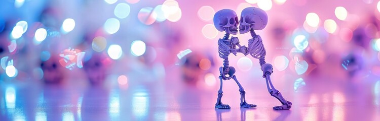 a pair of cute tiny skeletons dancing together - obrazy, fototapety, plakaty
