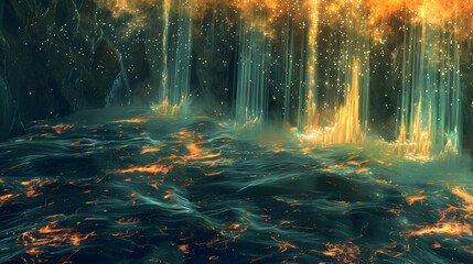 the surreal mellow waterfall of Titan as magnetic liquid oxygen swirls in lines of plasma force and sparkling monopoles