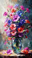 Painting of a bouquet of colorful flowers in a vase. Oil painting.