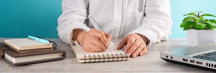 Woman making notes in notepad, business concept
