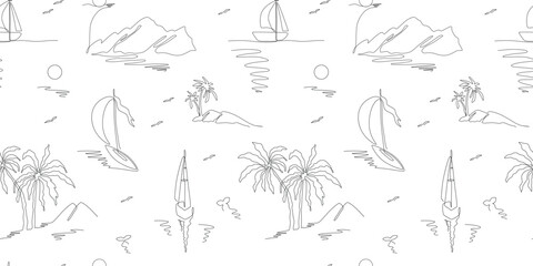 Summer sailing seamless pattern in one line drawing style. Vector black and white sea, island, coconut palm tree, yacht illustration hand drawn continuous art. Minimal print, fabric, textile design.
