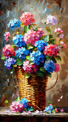 Bouquet of colorful hydrangeas in a wicker basket. Oil painting.