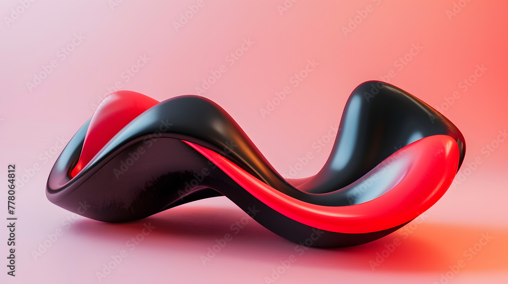 Poster 3d render of abstract wavy shape in red and black colors on pastel background