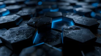 Fotobehang 3d render of dark hexagons with blue light on the edges © Oleksandr