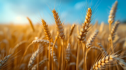 Fototapeta premium This image captures the natural beauty of a wheat field bathed in the golden light of a setting sun, highlighting the textures