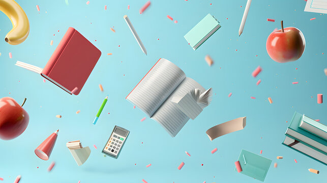 3D render of school supplies flying in the air on a blue background. The objects include books