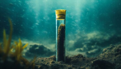 Wallpaper Microplastics in soil a test tube with soil sample - soil contaminated with mineral microplastics - obrazy, fototapety, plakaty