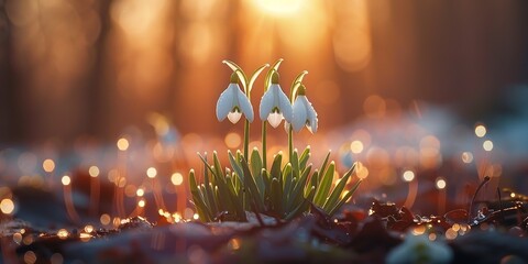 Leucoma: Springtime snowflake flowers in the forest. Generative Ai - obrazy, fototapety, plakaty