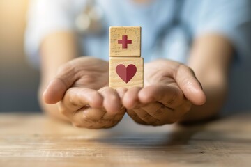 Medical healthcare symbol block made of wood, grasping a hand. Generative Ai