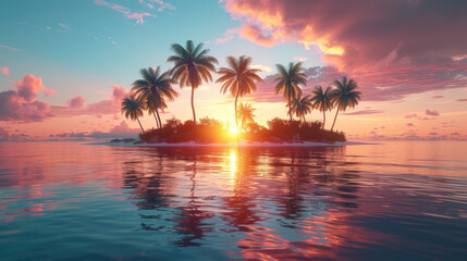 Fototapeta na wymiar Vector of Palm Trees on and Island at Sunset.