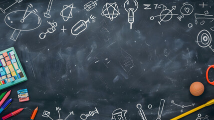 A chalkboard background with school icons and mathematical symbols
